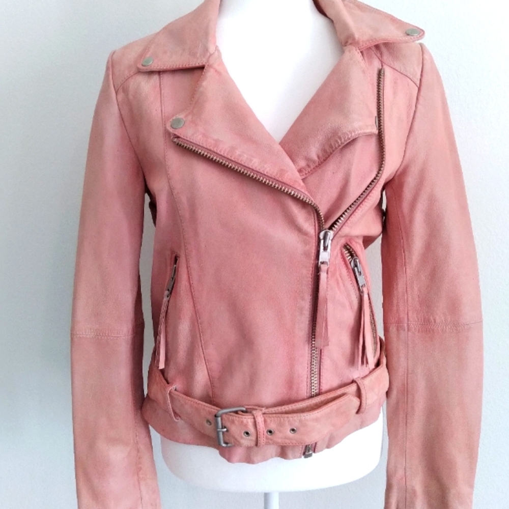 Free People Pink Genuine Leather Moto Jacket